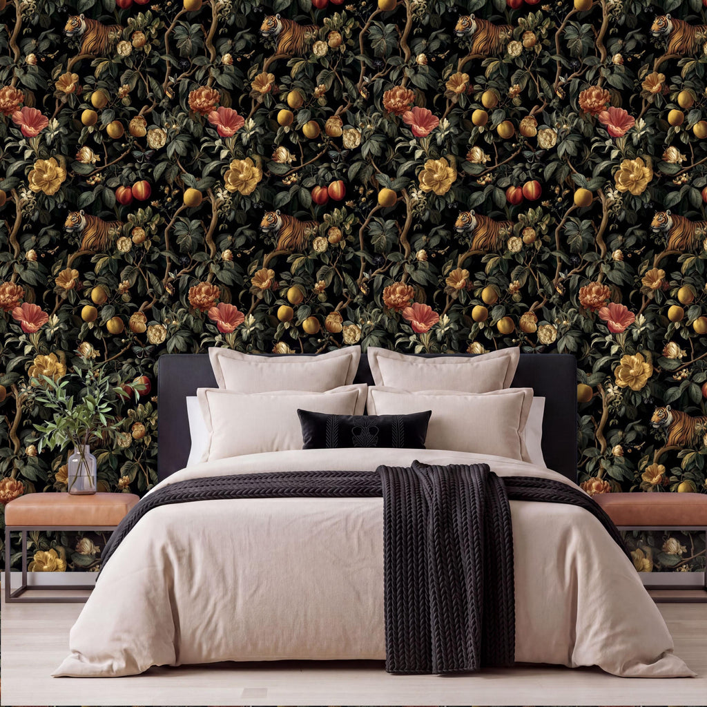 a bedroom with a large floral wallpaper covering the wall behind a bed. The bed is dressed in white linens and has a black throw blanket draped over it. The room has a wooden headboard and nightstands on either side of the bed.