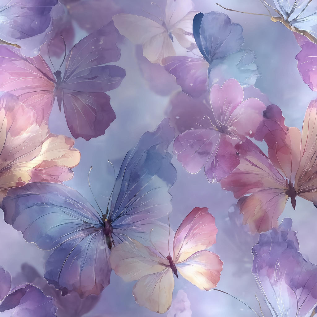 The image is a vibrant and colorful collage of watercolor-style butterflies and flowers in shades of purple, pink, and blue. The butterflies are spread across the frame, with some overlapping each other, creating a sense of depth and movement. The flowers are scattered throughout the image, adding to the overall visual appeal and creating a harmonious and balanced composition.
