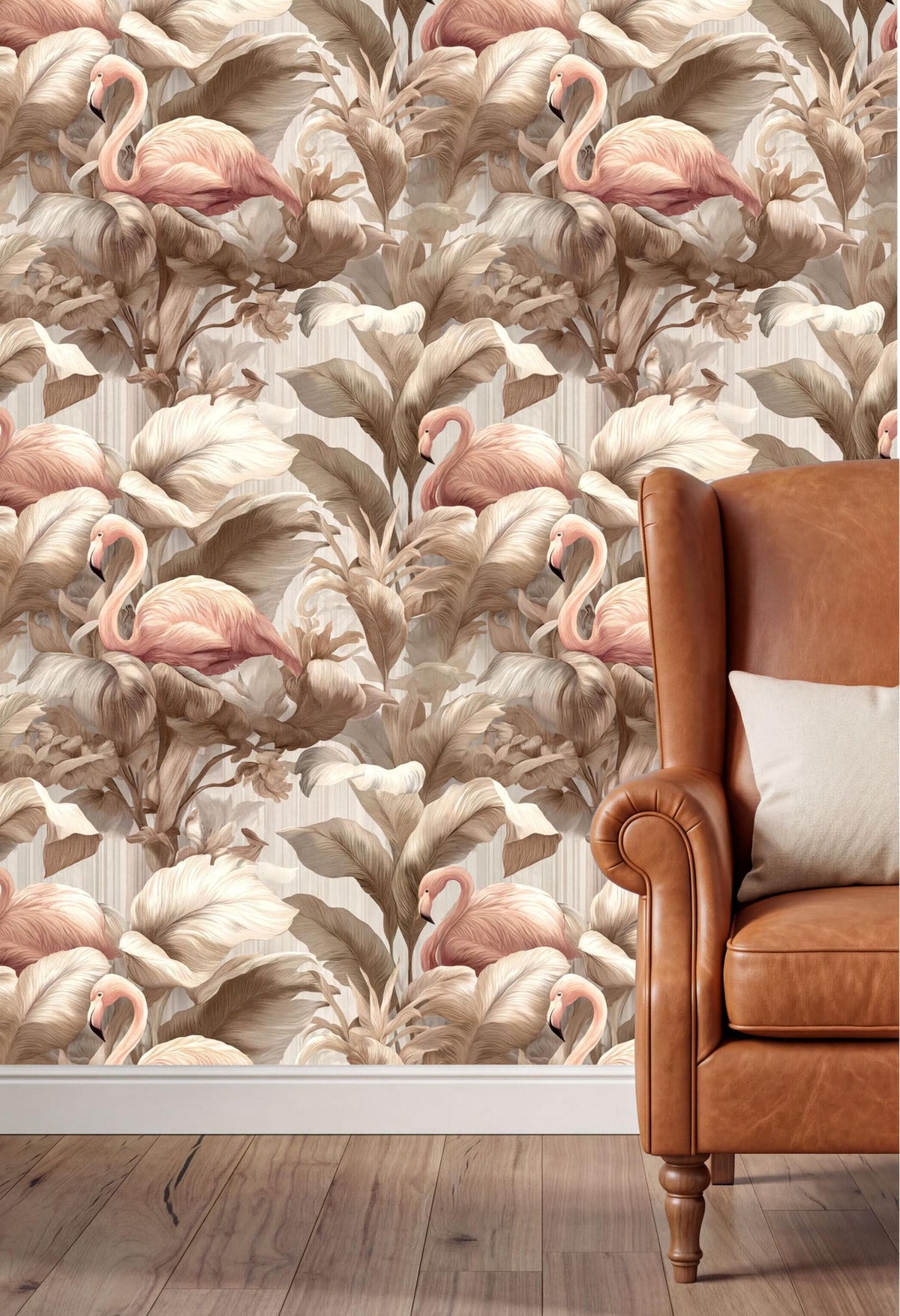 a wallpapered wall with a repeating pattern of pink flamingos and green leaves, creating a tropical and lush atmosphere. In the foreground, there is a brown leather armchair with a white pillow, providing a cozy and inviting setting.