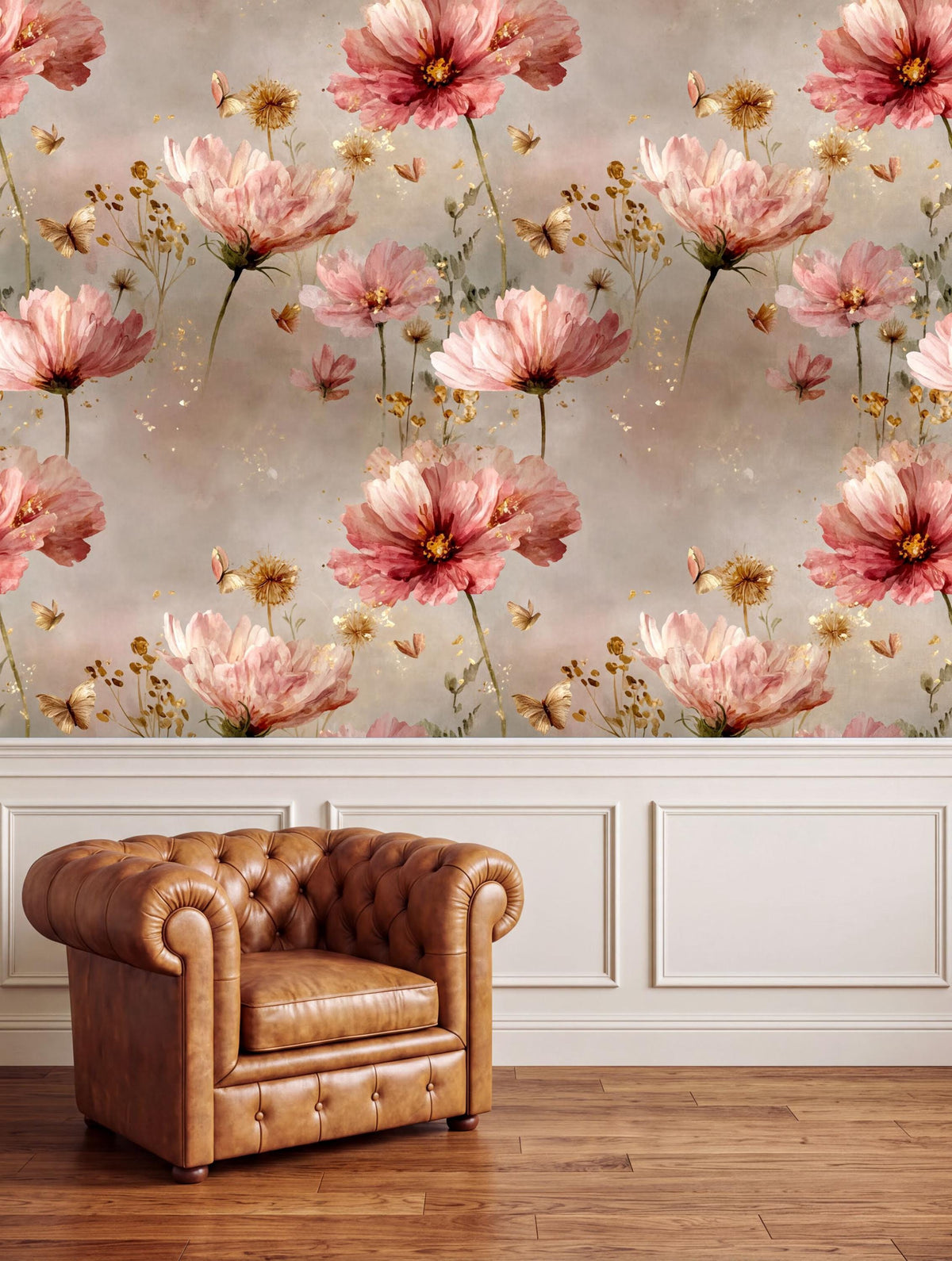 a large floral wallpaper with pink and white flowers, creating a vibrant and lively atmosphere. In the foreground, there is a brown leather armchair, adding a touch of elegance to the scene. The arrangement of the armchair and the wallpaper creates a harmonious and visually appealing composition.
