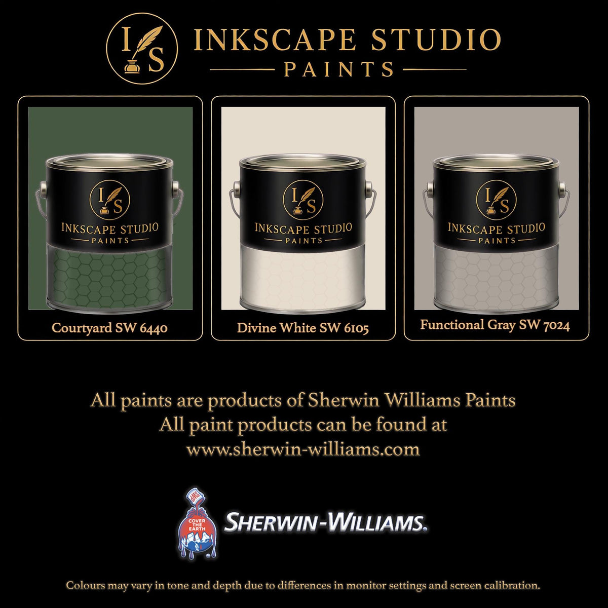 The image is an advertisement for Sherwin Williams paints, featuring three different paint color samples from the Inkscape Studio.