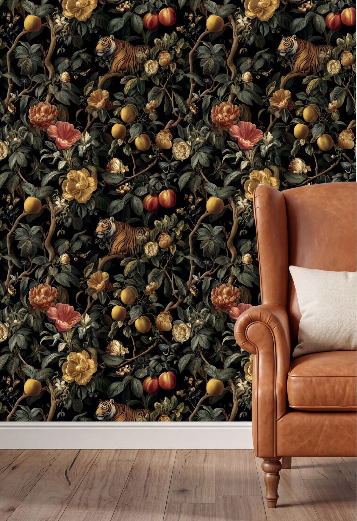 a vibrant wallpaper with a lush, tropical design, including various fruits and flowers, creating a sense of nature and abundance. In the foreground, there is a brown leather armchair with a white pillow, providing a cozy and inviting atmosphere.