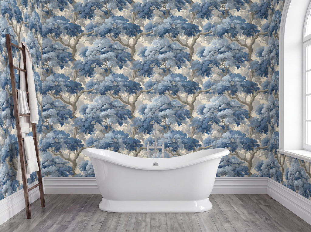 a bathroom with a white freestanding bathtub in the center, surrounded by a blue and white wallpaper pattern. To the left of the bathtub, there is a wooden ladder. The room has a window on the right side, allowing natural light to enter the space.