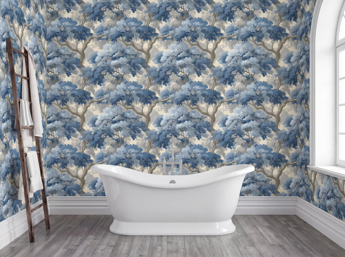 a bathroom with a white freestanding bathtub in the center, surrounded by a blue and white wallpaper pattern. To the left of the bathtub, there is a wooden ladder. The room has a window on the right side, allowing natural light to enter the space.