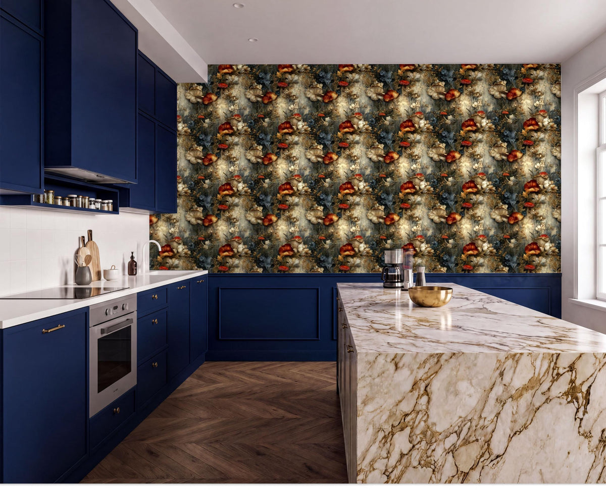 a modern kitchen with a marble countertop, dark blue cabinets, and a large floral wallpaper on the wall.